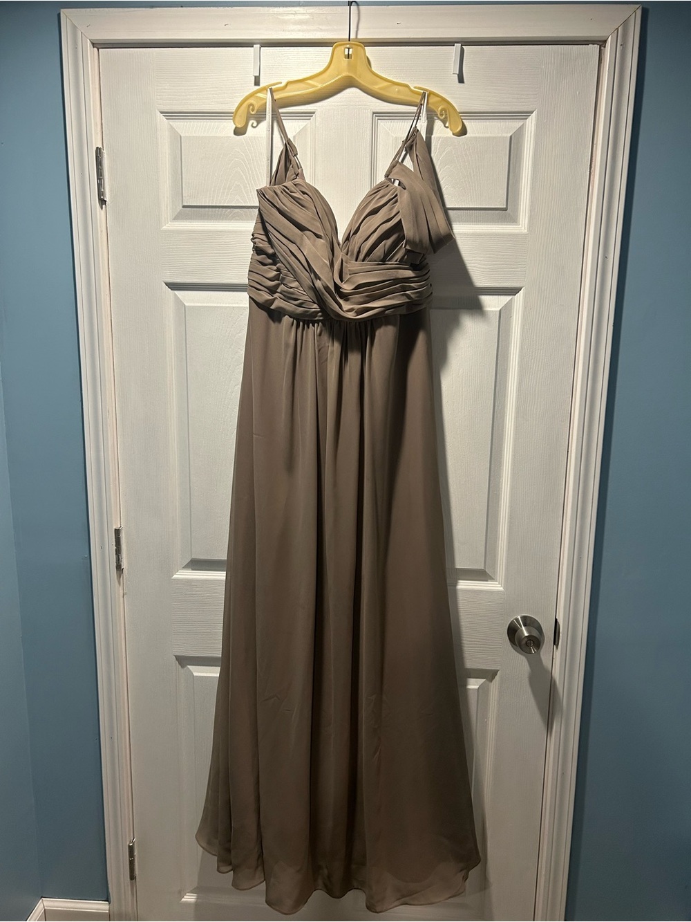 Christina Wu Taupe Chiffon Ruched Maxi Gown
